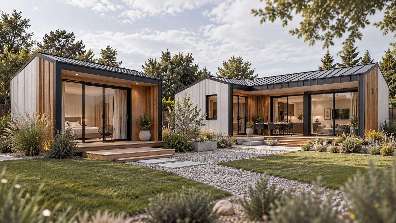Composición conceptual de dos volúmenes modulares conectados, con galería y jardín