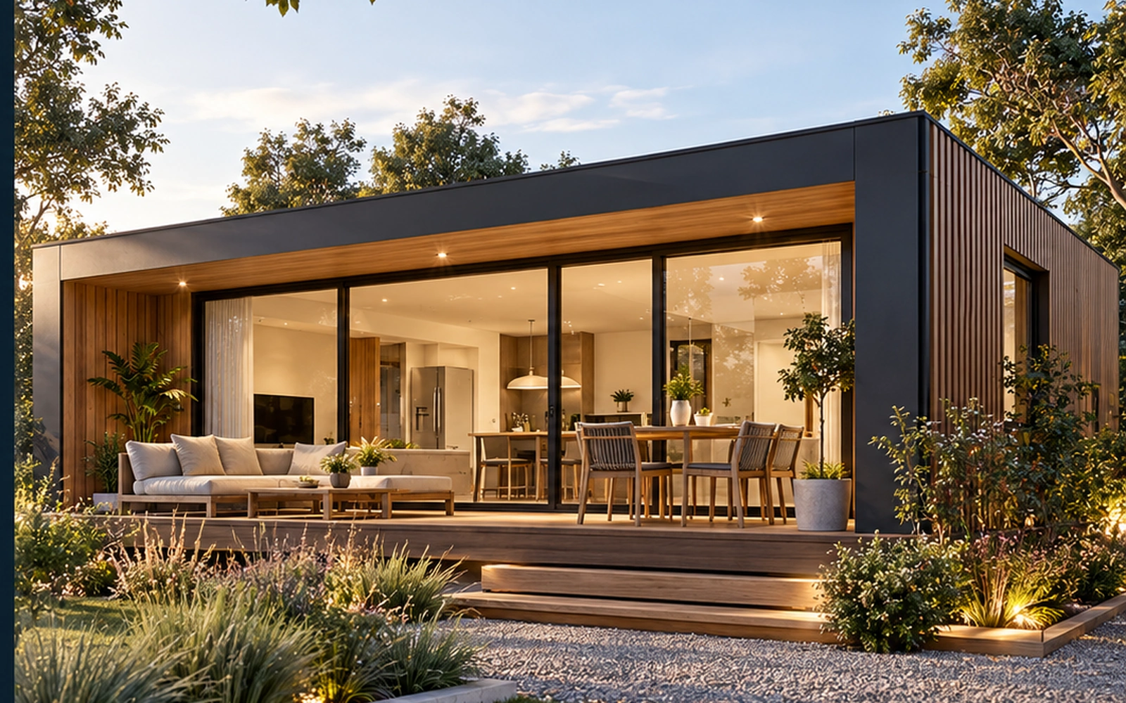 Casa modular contemporánea con materiales premium, grandes ventanales y galería integrada