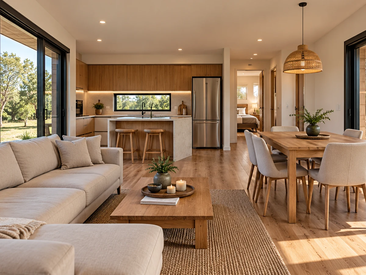 Interior luminoso de una casa modular con estar, comedor y cocina integrados, mobiliario neutro y grandes ventanales