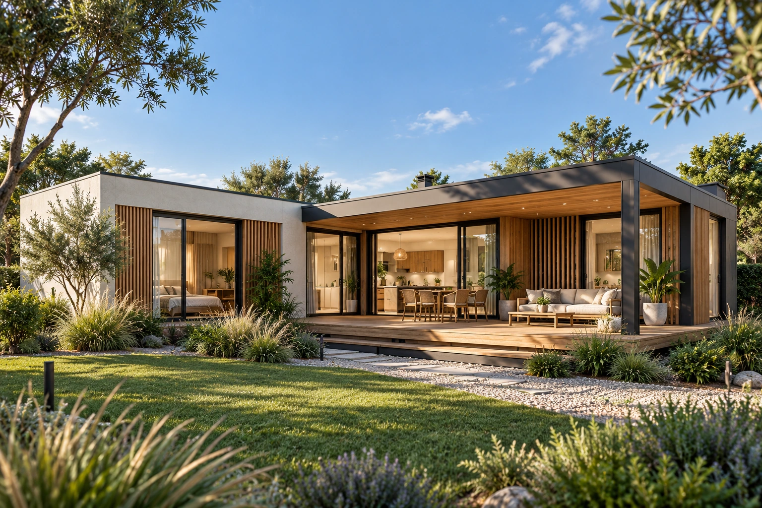 Render arquitectónico de una casa modular contemporánea con revestimiento de madera, estructura oscura, grandes ventanales y jardín