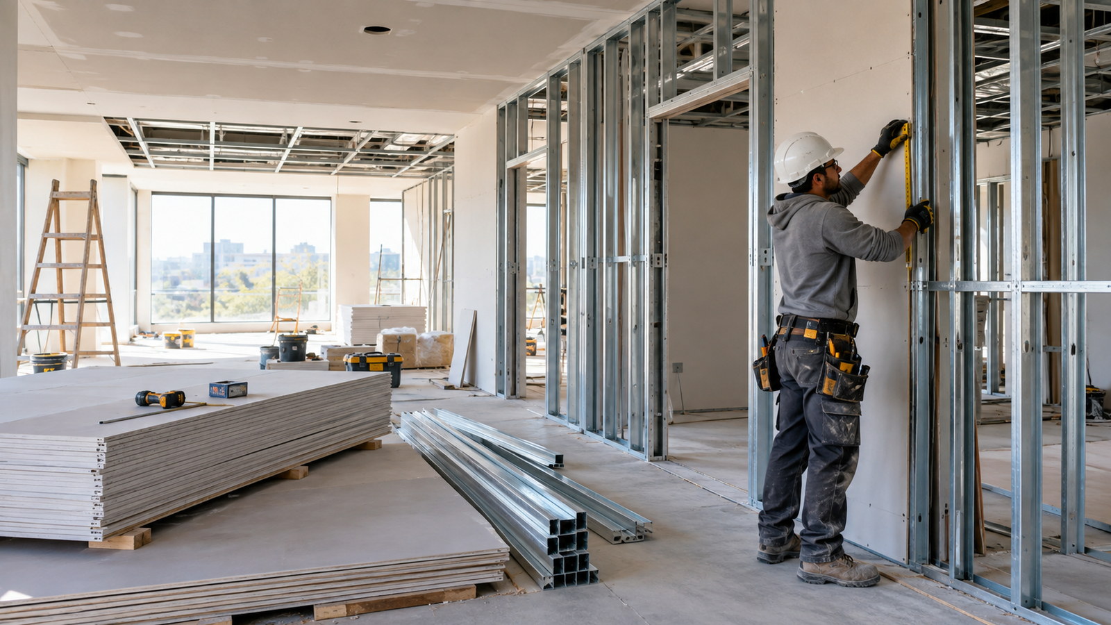 Remodelación interior en ejecución con perfilería metálica y placas de construcción en seco